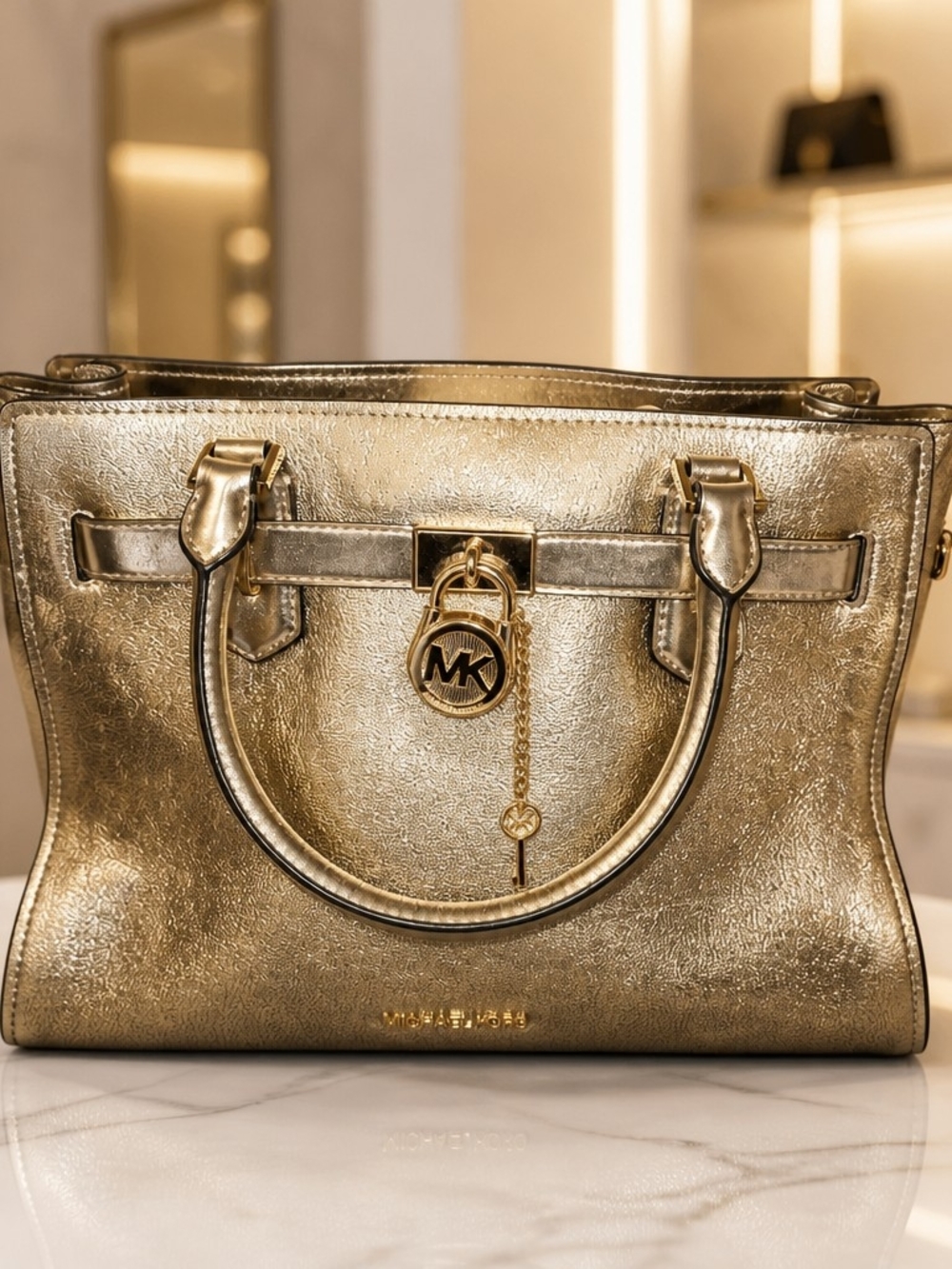 MICHAEL KORS Metallic Gold Leather Satchel Hamilton
